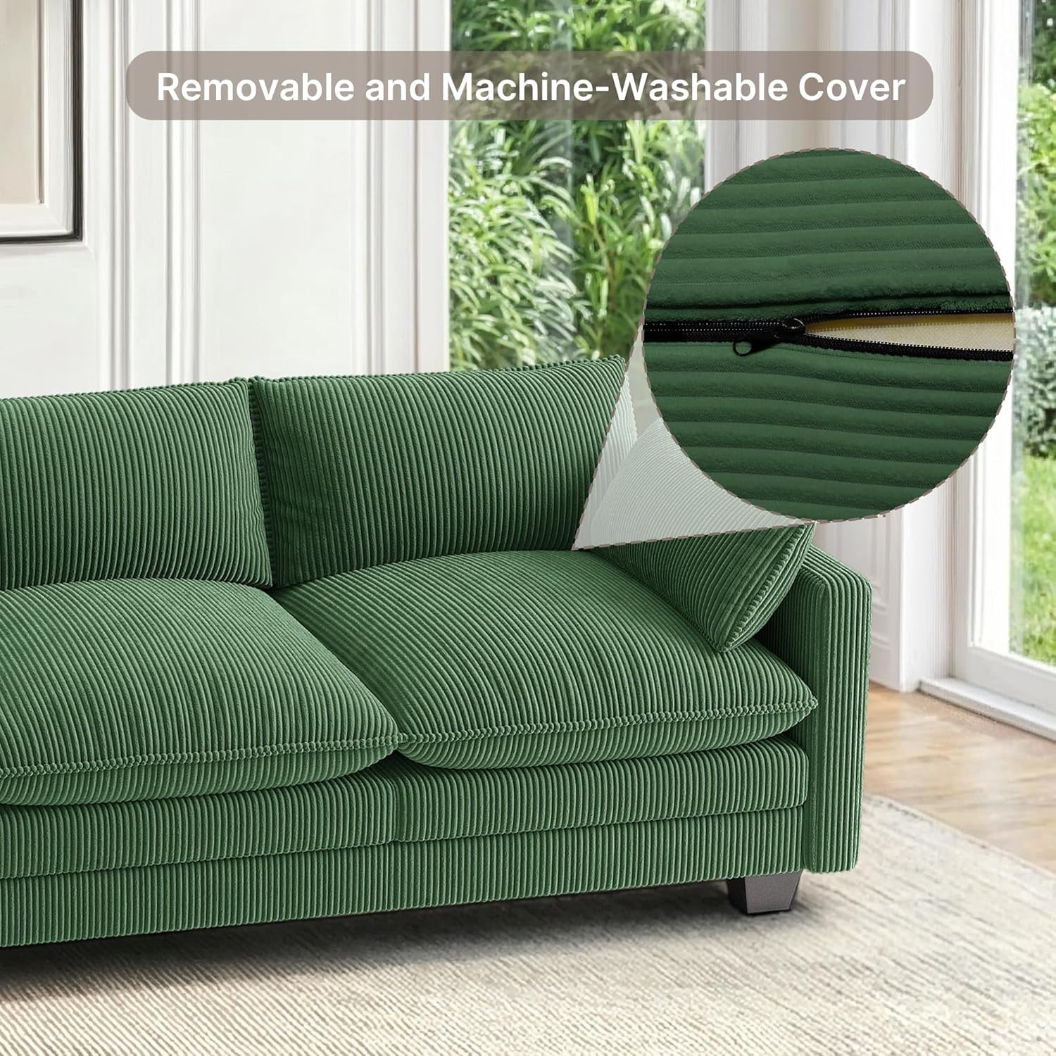 110.2" Cloud Couch Sectional, Lofka Modern Modular Sofa with Deep Seat, Upholstered Living Room Furniture Set with Movable Ottoman and 2 Throw Pillows, Green Couch