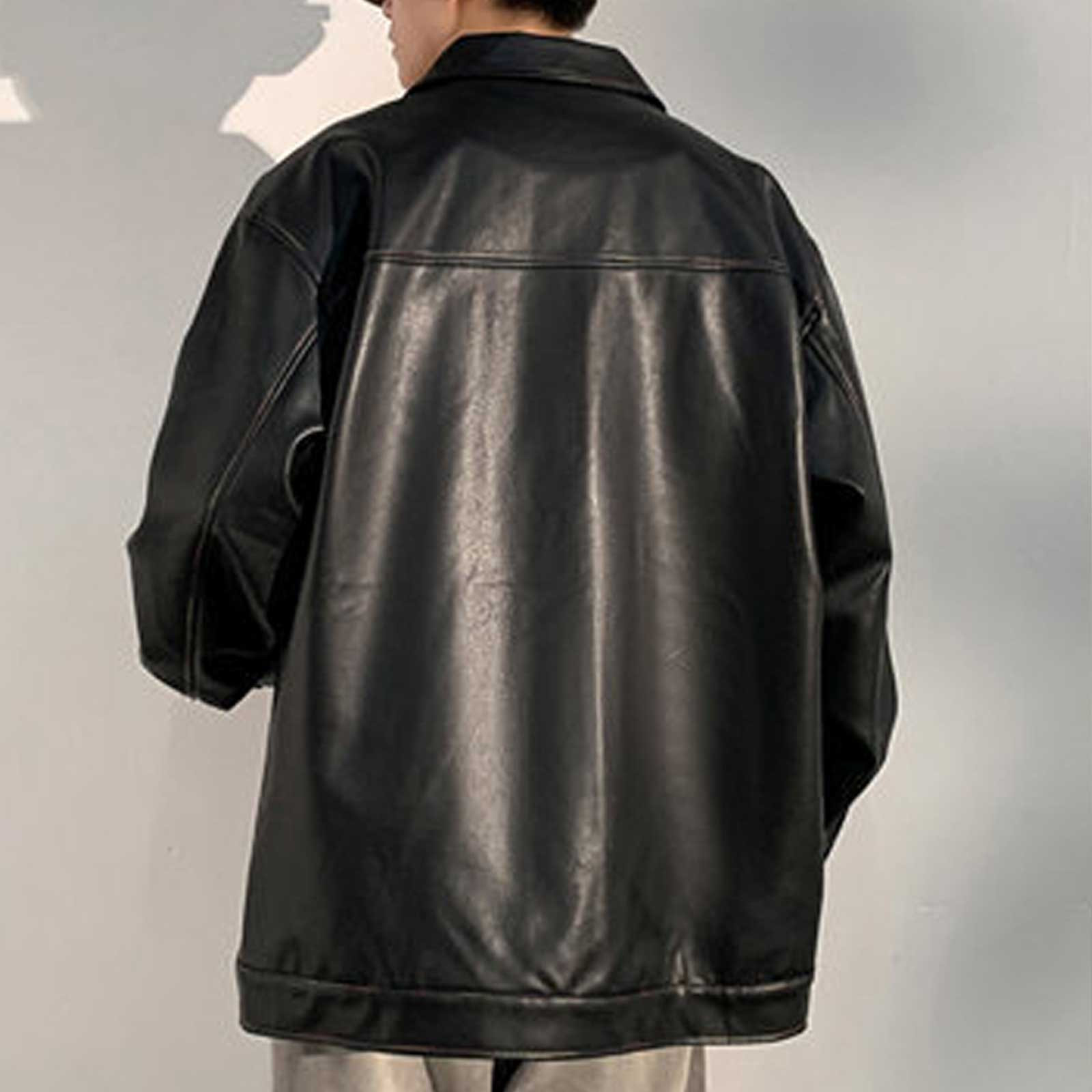 Maoxin Mens Leather Jacket Retro Men's Solid Color Snap Pocket Casual Loose Long Sleeved Hooded Leather Jacket Coat Jacket for men Black 3XL