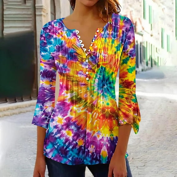 Ayolanni Flared Sleeve Womens Holiday Tops Plus Size V-Neck 3/4 Sleeve Tie Dye Blouses Teens Shirts for Girls L