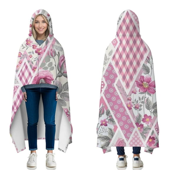 Wearable Blanket,Pioneer Flower Floral Print Pattern Hooded Wearable Flannel Blanket for Adults & Teens with Buckle,Winter Poncho Shawl Wrap Cape,50"x60"