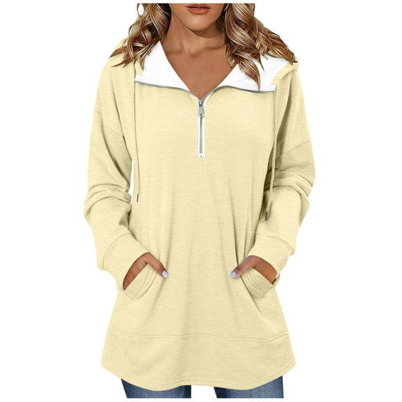 ZUKMRJPC Womens Quarter Zip Sweatshirts Fall Trendy Long Sleeve Lapel Casual Solid Color Pullover Soft Comfy Tunic Tops with Pockets