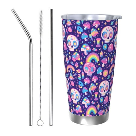 

Fuzoiu Skull mushroom rainbow Print 20oz Tumbler Stainless Steel Vacuum Insulated Car Cup Insulated Coffee Mug Travel Mug with Lid Thermal Cup for Outdoor-Straw Three-piece Set