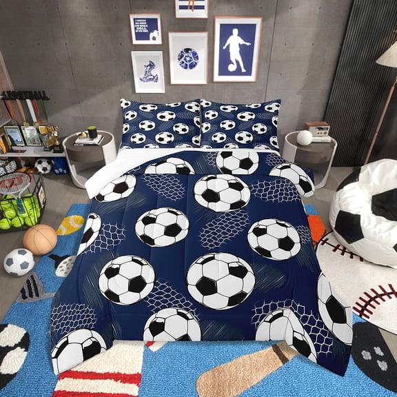 Erosebridal Football Comforter Set Twin Size Soccer Bedding Set Soccer Ball Game Navy Blue Comforter Sports Theme Quilt Set