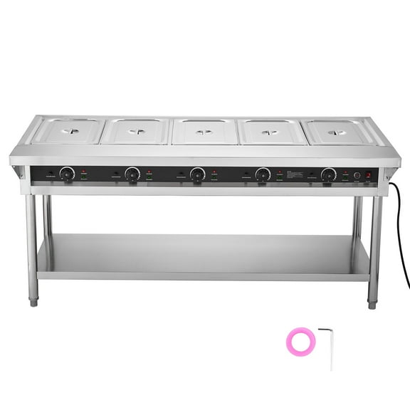 KFFKFF 5-Pan Electric Food Warmer with Independent Temperature Controls, 750W Stainless Steel Steam Table for Catering and Restaurants, Includes Undershelf and Workspace