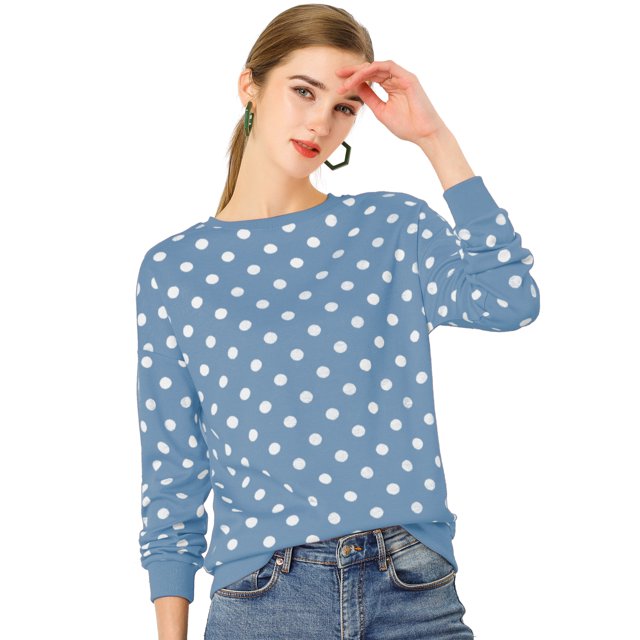 Jersey de Punto de Lunares de Manga Larga con Cuello Redondo Elástico de Invierno Otoño para Mujer Allegra K Azul XL