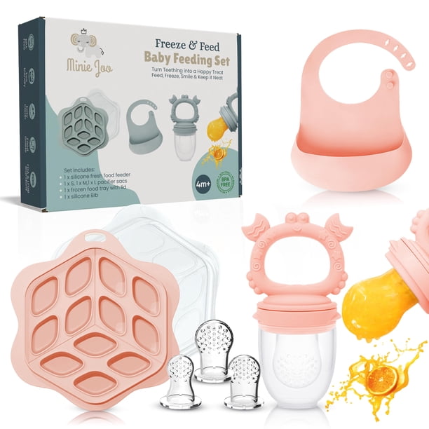 Set de alimentación Minie Joo para bebé con alimentador de frutas y mordedera, con babero rosa