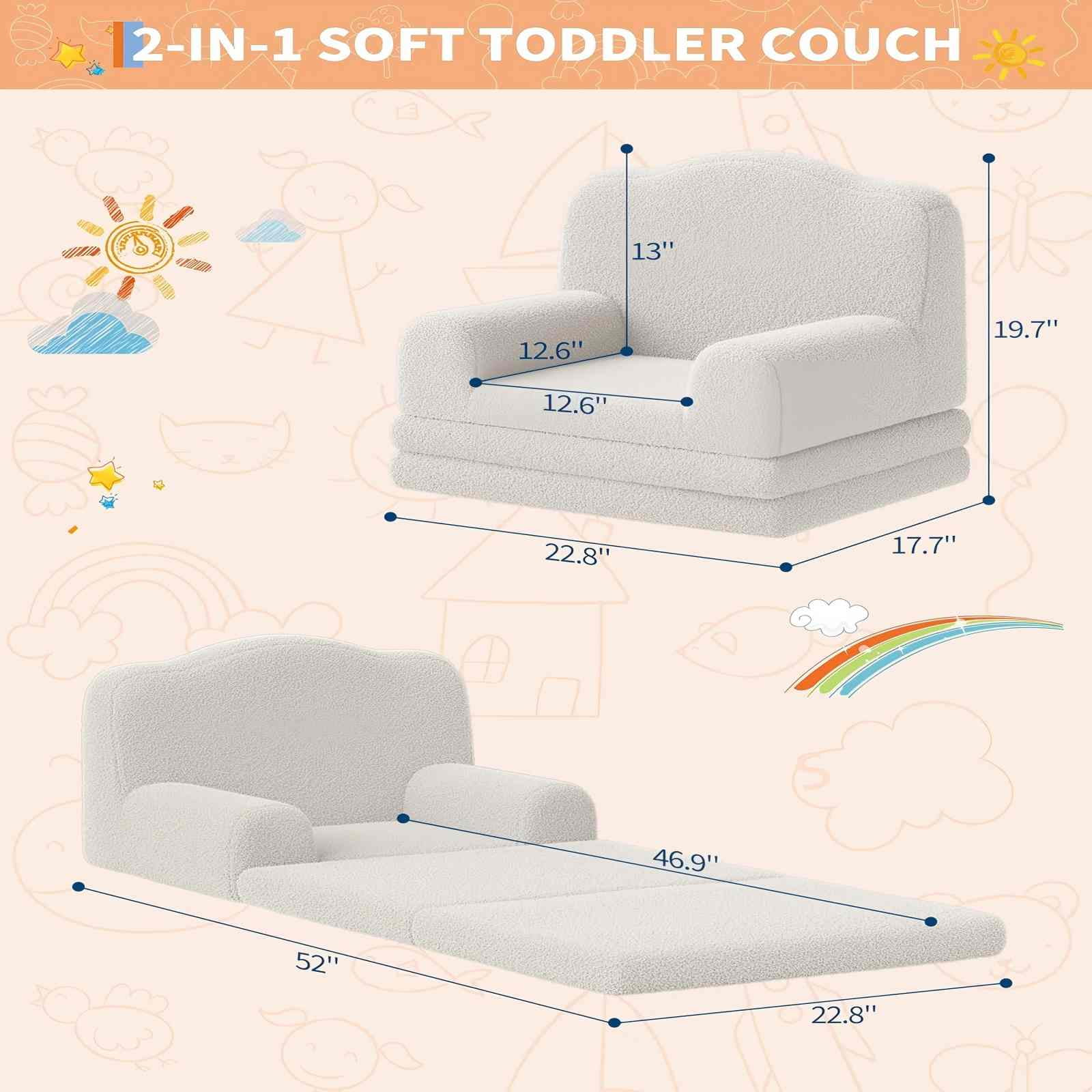 COZONY 2-in-1 Kids Couch, Convertible Toddler Sofa Chair, Fold-Out Teddy Fleece Lounger, Kid’s Sofa Bed