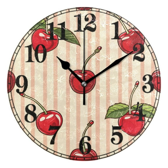 Cherry on Striped Silent Wall Clock 10" Non-Ticking Battery Clock