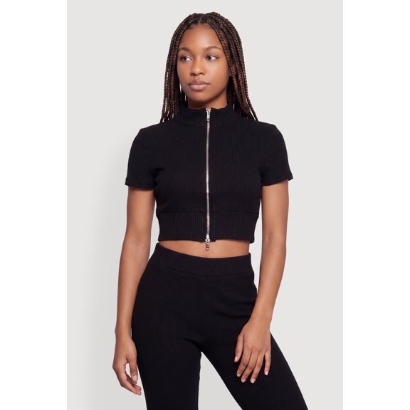 Women's Brushed Ribbed Knit Zip Front Crop Top