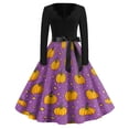 thumbnail image 2 of Halloween Dresses for Women Witch Hat Pumpkin V Neck Cocktail Hepburn Vintage Dress Long Sleeve 1950s Fall Cute Tea Length Dress with Belt S, 2 of 5
