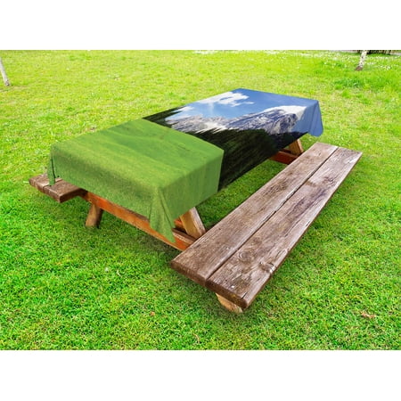 Nature Outdoor Tablecloth, Picturesque Mountain with Rural Road View of Italian Old Country Modern Print, Decorative Washable Fabric Picnic Tablecloth, 58 X 120 Inches, Blue Evergreen, by Ambesonne