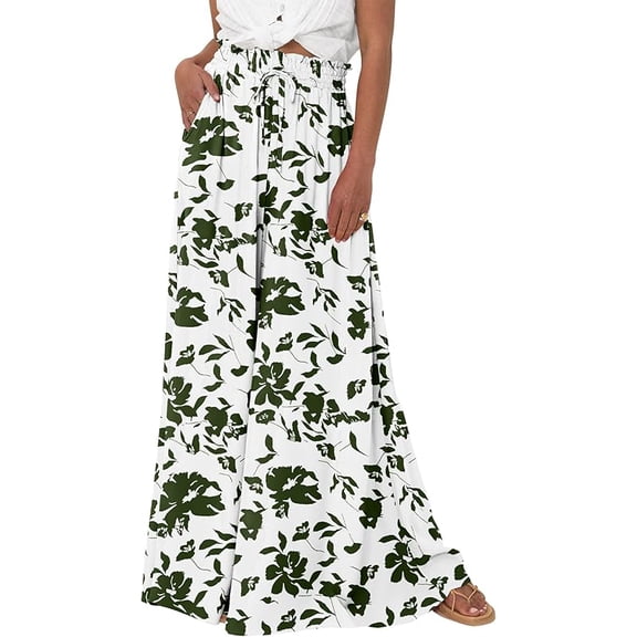 Women Casual High Waist Wide Leg Pants Summer Floral Solid Long Palazzo Pants Lounge Beach Trousers with Pocket