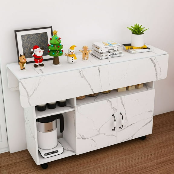 CQSXDA Versatile Folding Table with Built-In Storage Shelves and Wheels, 47 Inch White Design for Kitchen and Dorm Use