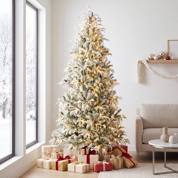Costway 8 ft Flocked Christmas Tree with 1177 Branch Tips, 43 Pine Cones, 350 LED Lights