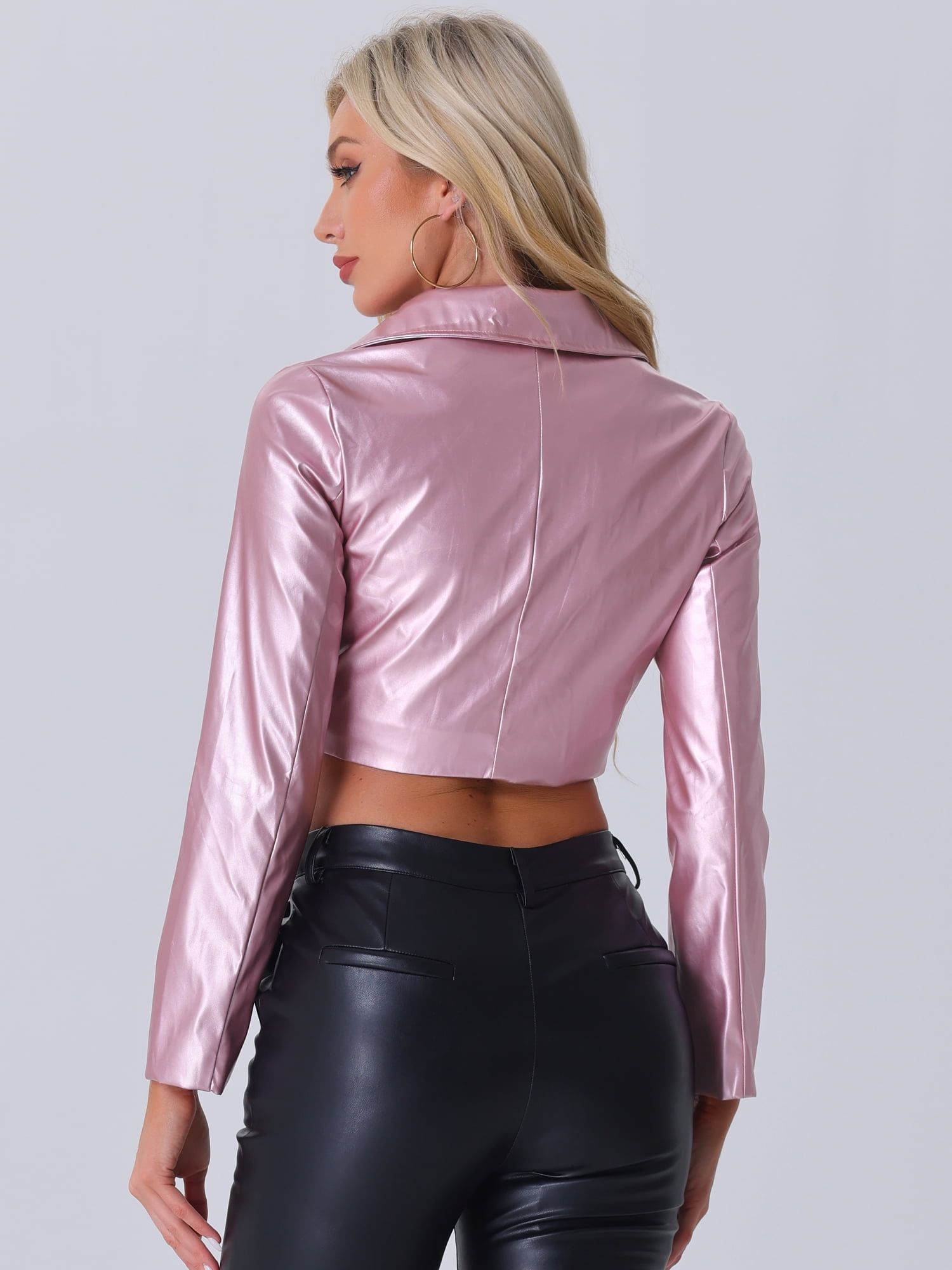DARING DIVA Women's Faux Leather PU Long Sleeve Zipper Cropped Biker Jacket XL Pink