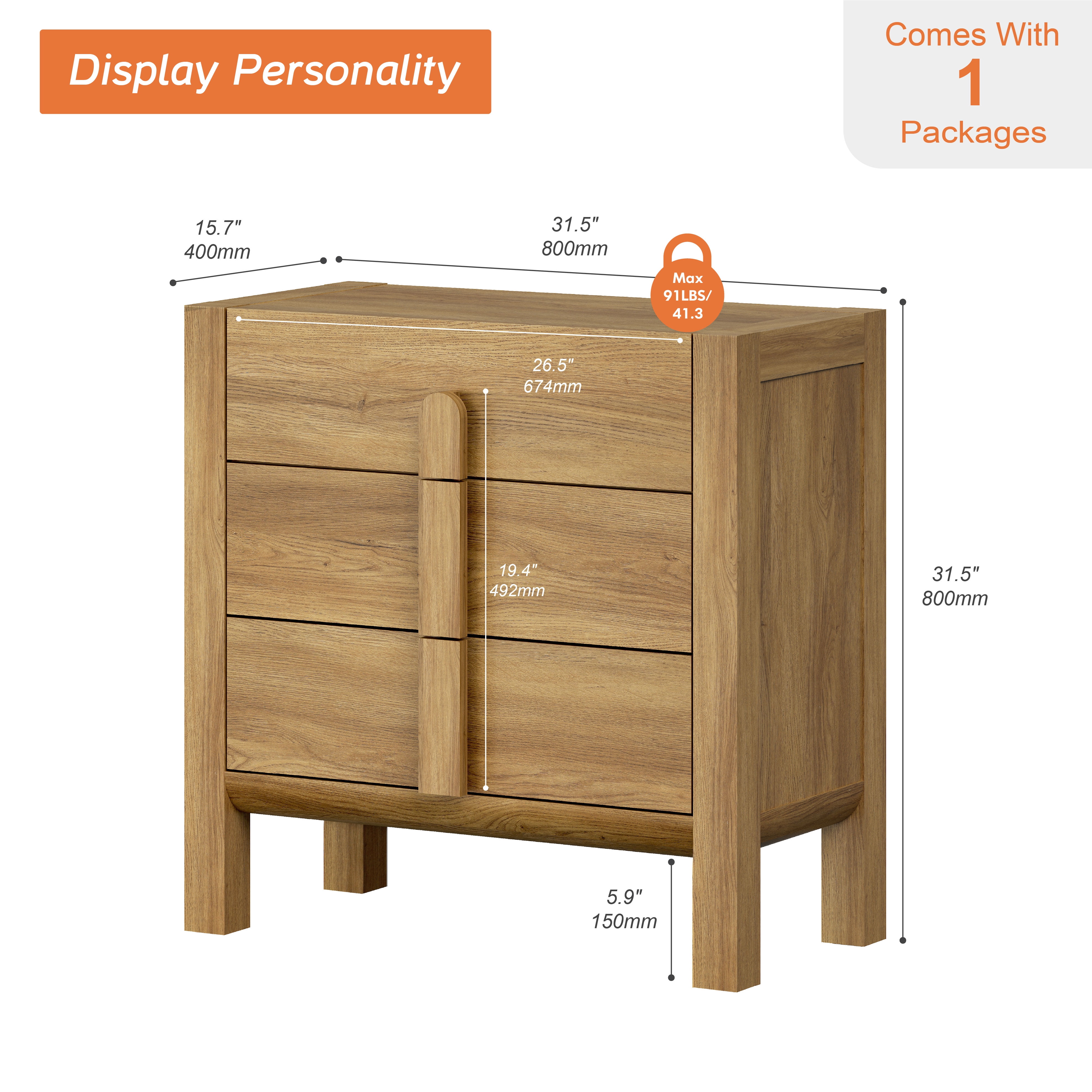 31.5" Mid-Century Modern TV Stand, Dresser with 3 Drawers, Wooden TV Console with Storage for Living Room,Bedroom