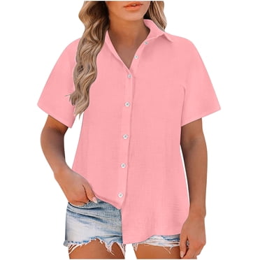 fheaev Plus Size Linen Button Down Shirt For Women Summer Tops Short Sleeve Blouse Casual Turn-Down Collar Dress Shirts V Neck Work Blouses Collared Tops Beach Tops
