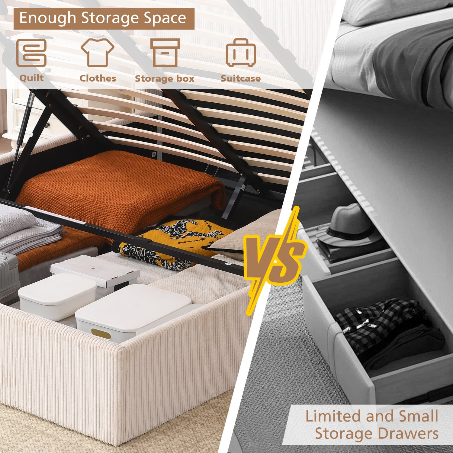 King Size Bed Frame with Lift Up Storage, Corduroy Upholstered Platform Bed with Wingback Headboard, No Box Spring Needed, Hydraulic Storage, White