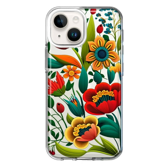 MUNDAZE Case for Apple iPhone 15 Hybrid Shockproof Slim Hard Soft TPU Shell Heavy Duty Protective Phone Cover - Colorful Red Orange Folk Style Floral Vibrant Spring Flowers