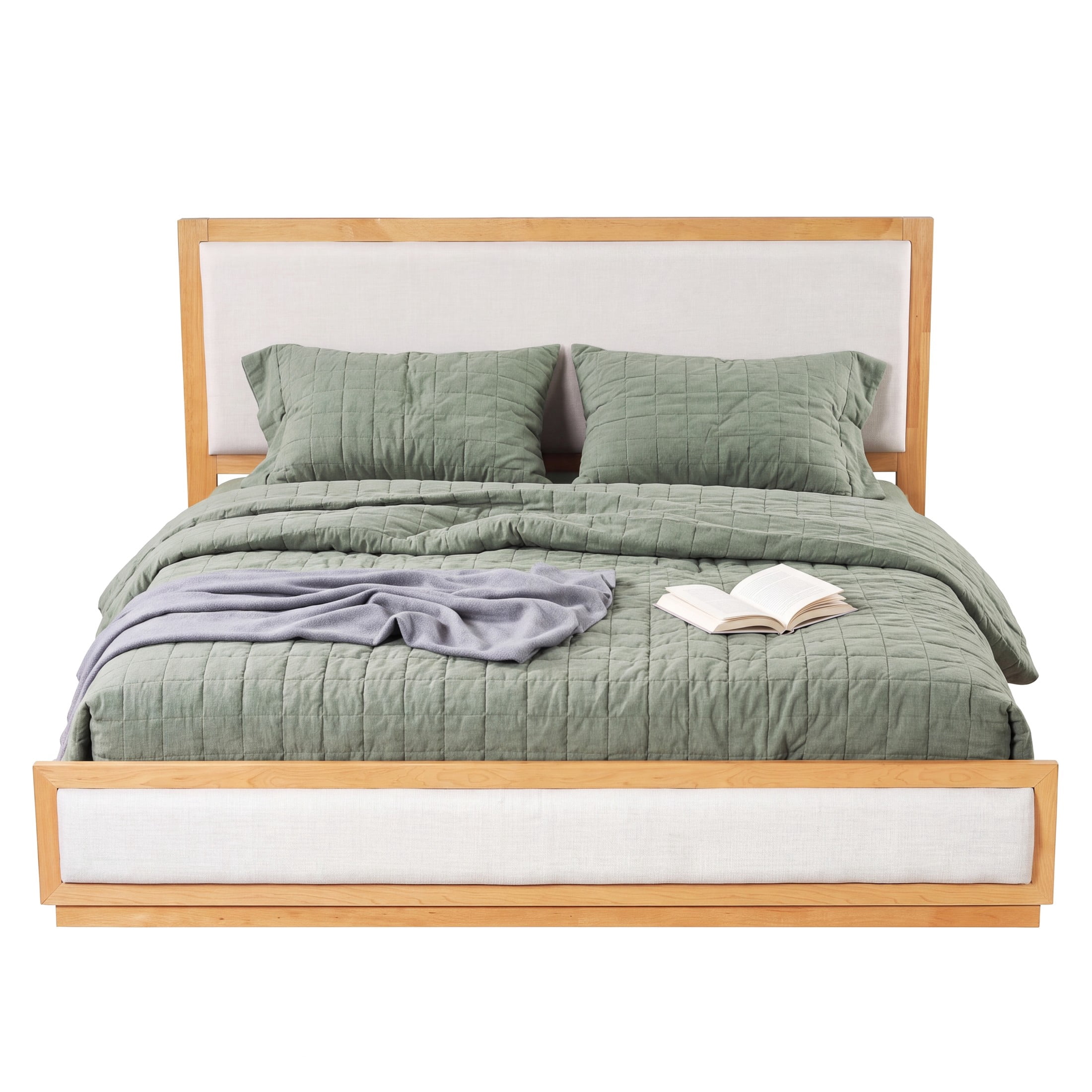 Christopher Knight Home Modern King Upholstered Bed Frame with Wood Slat Support, Natural+Light Gray