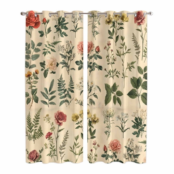 Vintage Botanical Kitchen Curtains 96 Inch Length, Boho Plants Wildflower Mushroom Leaf Grommet Top Bedroom Living Room Curtains, Light Filtering Cafe Curtain Drapes 2 Panels Set 104''x96''