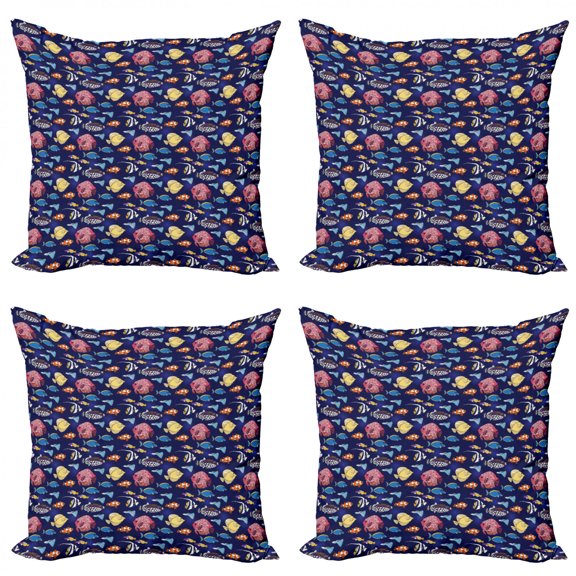 Fish Throw Pillow Cushion Case Pack of 4, Aquarium Animals Pattern Clownfish and Others Tropical School of Fish Composition, Modern Accent Double-Sided Print, 4 Sizes, Multicolor, by Ambesonne