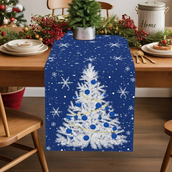 Christmas Blue Cotton Linen Table Runner White Xmas Tree Winter Snowflakes Dining Table Runners for Home Decor Party Dining Room Restaurant Kitchen Party 13" x 120"