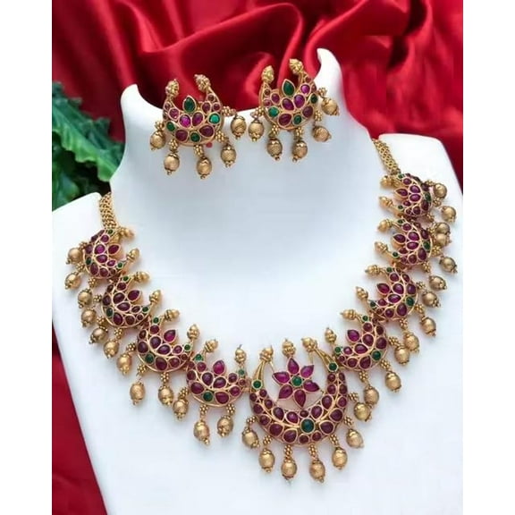 Antique Gold-Plated Red & Green Stone Bridal Necklace Set with Earrings – Traditional Crescent Motif Design