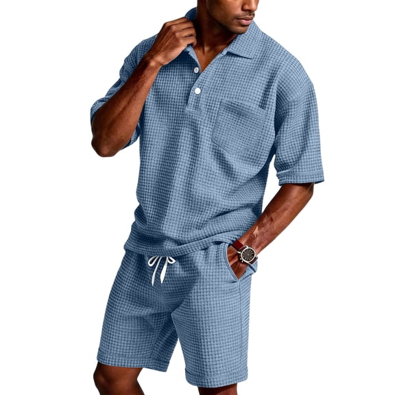 Mens Sweatsuits 2 Piece Set Quarter Button Down Waffle Polo Shirts and Shorts Set Workout Shorts Suits