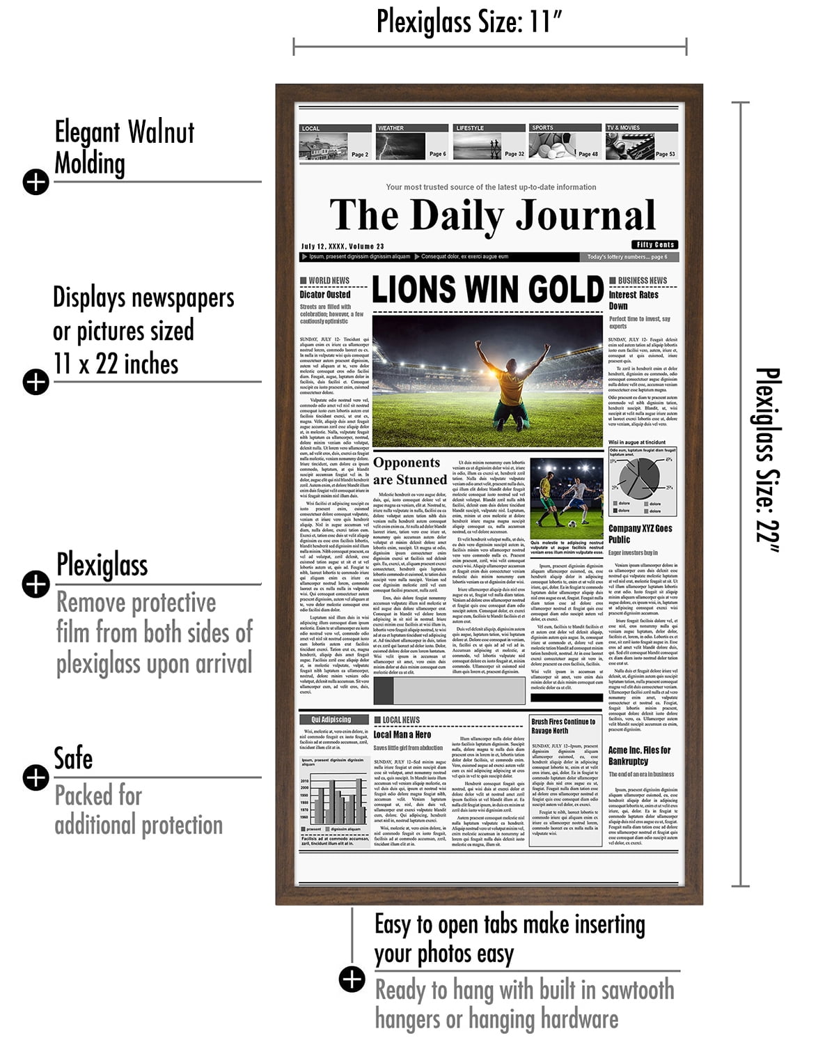Americanflat 11x22 Newspaper Frame in Walnut - Assorted Media Cover Frame - Hanging Hardware Included - Fits 11x22 Inch Newspapers
