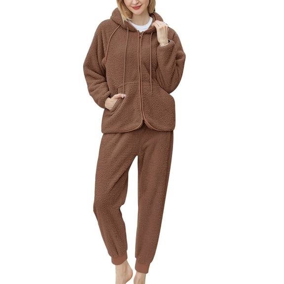 Elainilye Fashion Womens Pajama Couple Style Loungewear Hooded Homewear Solid Color Winter Fleece Insulation Set,Brown