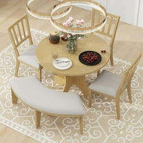 Churanty Farmhouse Dining Set for 4,Wood Round Kitchen Dining Table Set with 4 Upholstered Chairs and Curved Bench,Natural