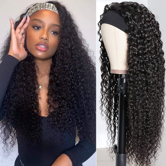 JOFMWIX 28 Inch Headband Wig Human Hair Deep Wave Brazilian Virgin Human Hair Wigs for Black Women Glueless None Lace Front Wig Machine Made Curly Headband Wig 150% Density Natural Colour