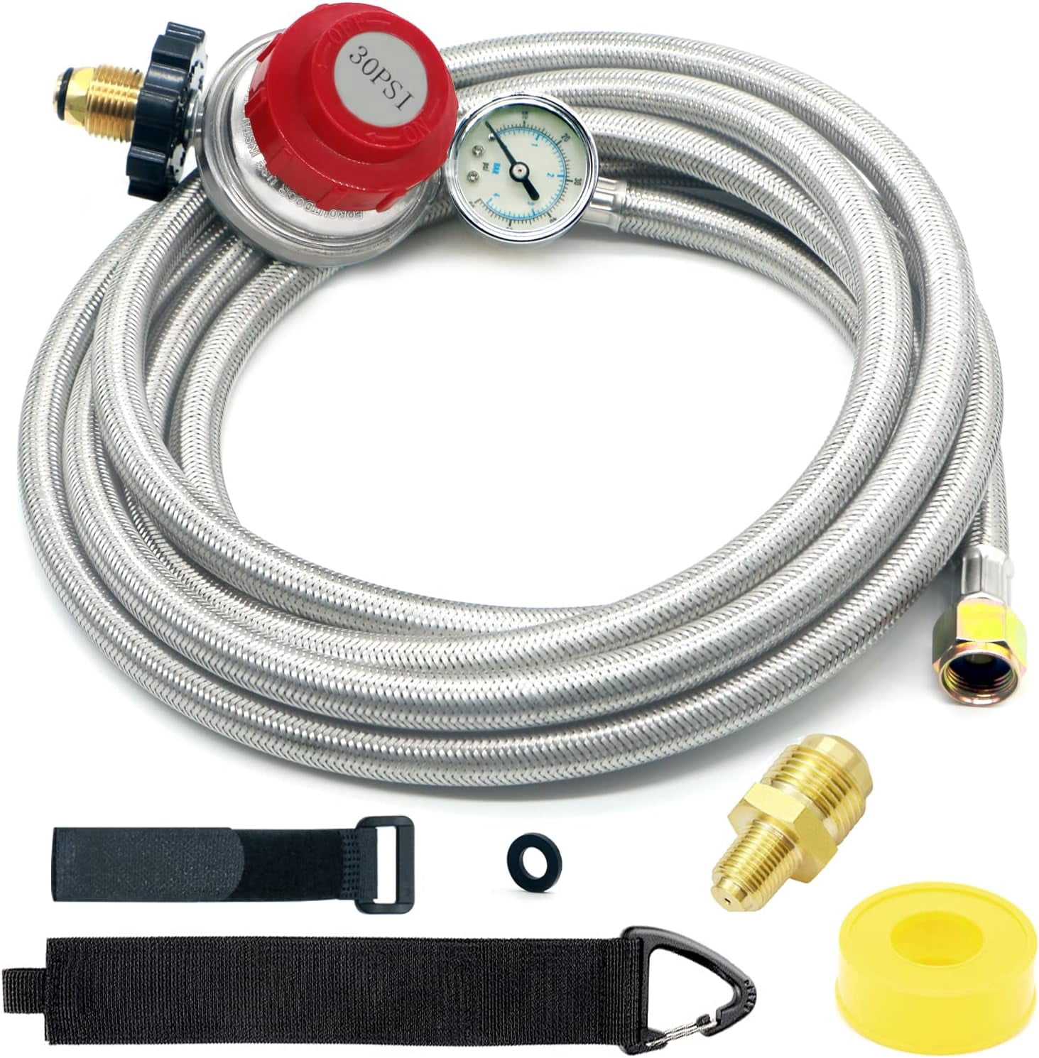 12FT 0-30 PSI High Pressure Adjustable Propane Regulator with Gauge 0~60PSI Gas Flow Indicator, Gas Cooker 3/8inch Female Flare Fitting, Stainless Steel Braided Hose and Gas Grill LP Regulator