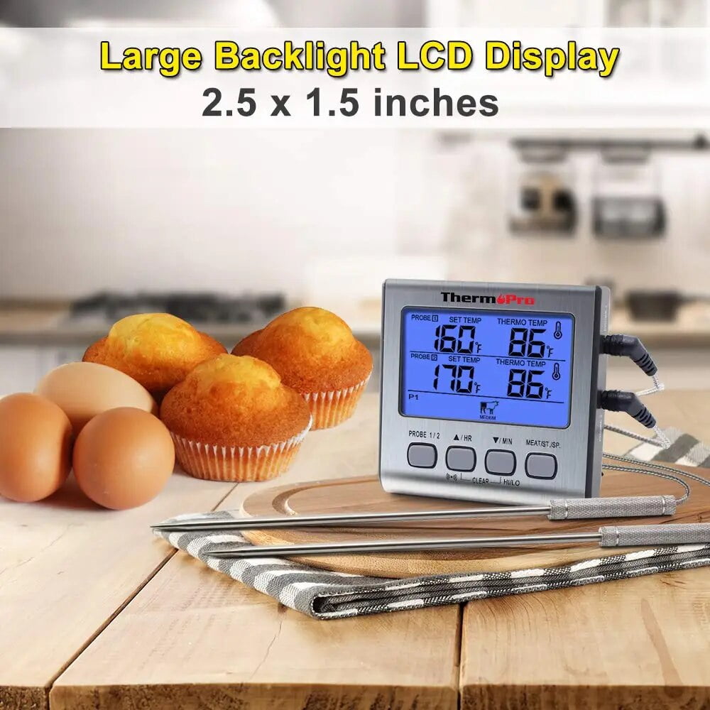 ThermoPro TP17 Dual Probe Cooking Meat Thermometer Large LCD Backlight Food Grill Thermometer with Timer Mode for Smoker Kitchen Oven BBQ