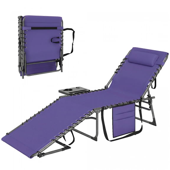 Set of 2 Folding Chaise Lounge Chairs 5-Position Reclining Outdoor Pool Lounger with Side Tray & Pillow Purple/Gray