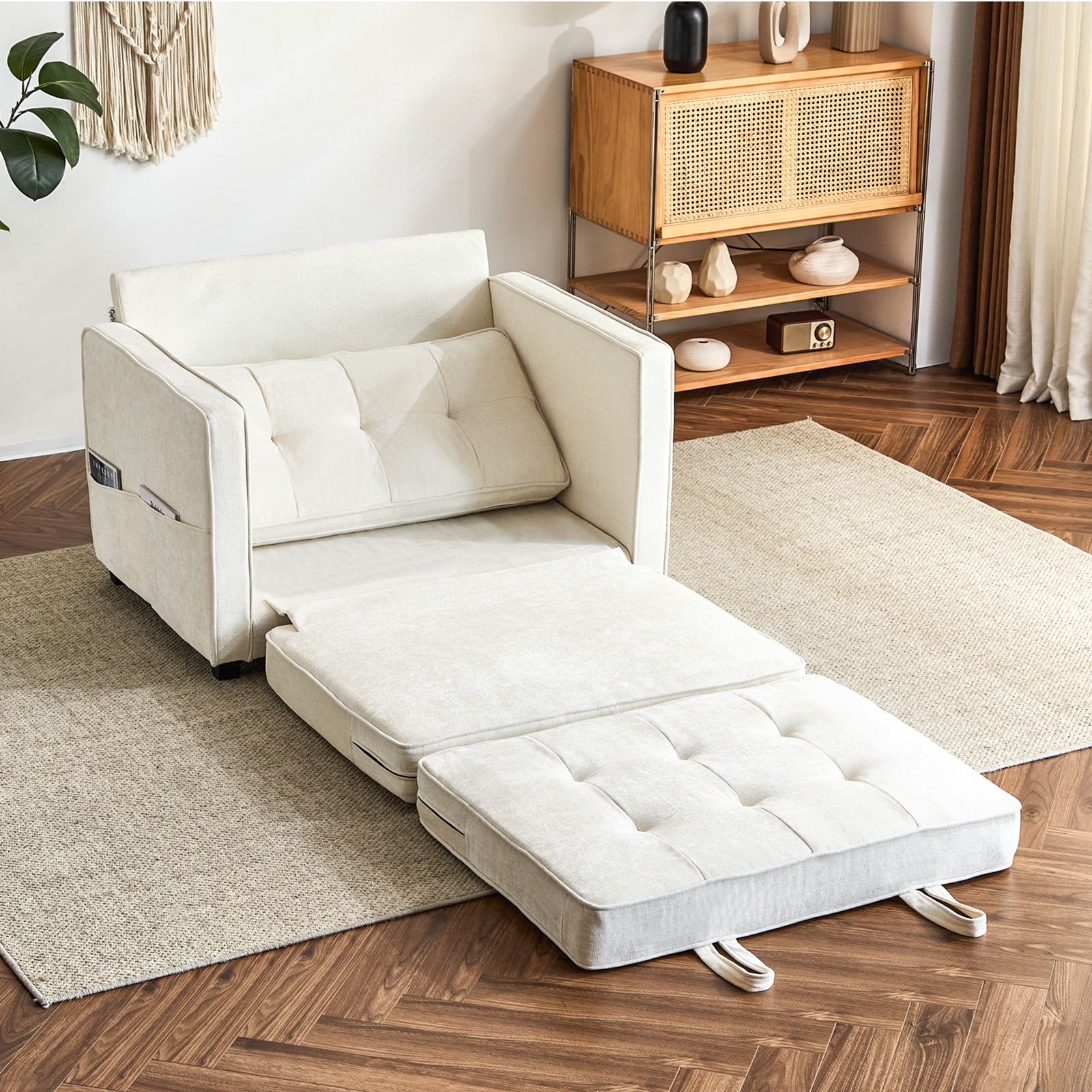 Capri 38.97”W Oversized Single Sofa Chair with Backrest, Multifunctional Sleeper Chair, Convertible Sofa Bed, Chenille Modern Accent Chair, Reading Armchair for Living Room Bedroom Study, White