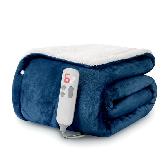 Maxkare Electric Throw Blanket 50''x 60'' with 6 Heating Levels & 5 Timer Settings, ETL Certification Flannel & Sherpa Machine Washable, Blue & White
