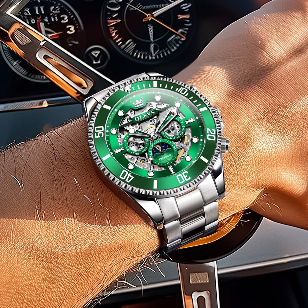 OLEVS Automatic Watches for Men Skeleton Self Winding Mechanical Fashion Dress Chronograph Moon Phase Stainless Steel Waterproof Luminous Mens Wrist Watches Gift Reloj Para Hombre