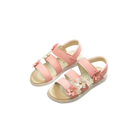 

Wazshop Girl s Flats Ankle Strap Flat Sandals Open Toe Summer Sandal Lightweight Magic Tape Shoes Kids Floral Casual Pink 1Y