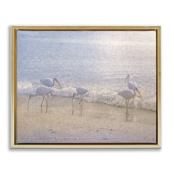 Stupell Industries Tropical Seaside Waves Bird Flock Grazing Gold Floating Frame Canvas Art, 21 x 17, by Steve Hunziker