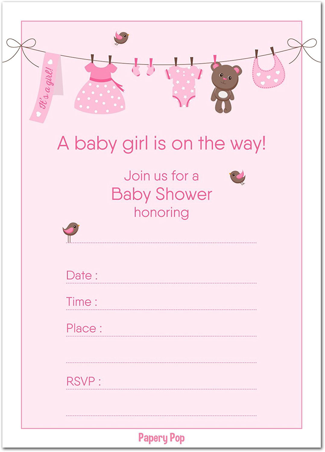 Baby Girl Teddy Bear Baby Shower Invitation Cards with Envelopes Set of 12 Shaped Fill-in Invitations 