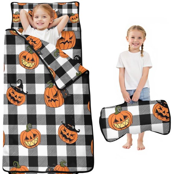 Checkered Halloween Pumpkin Pattern Toddler Nap Mats for Kids Preschool,50"x20" Sleeping Mat Bag or Kids,Toddler Sleeping Bag,Toddler Nap Mat or Daycare