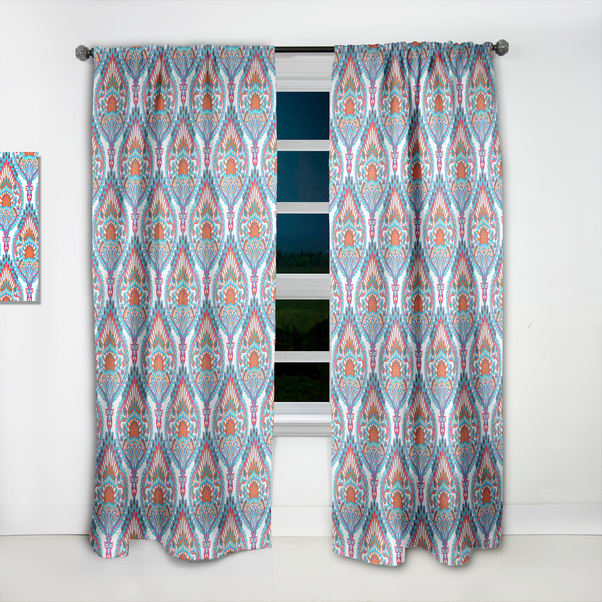 Designart 'Blue Damask Pattern' Bohemian & Eclectic Curtain Panel