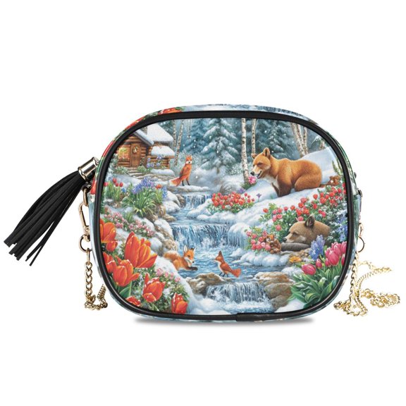 Womens Casual Chain Shoulder Bag Simple style Winter Scene with Animals Cabin Crossbody Bag
