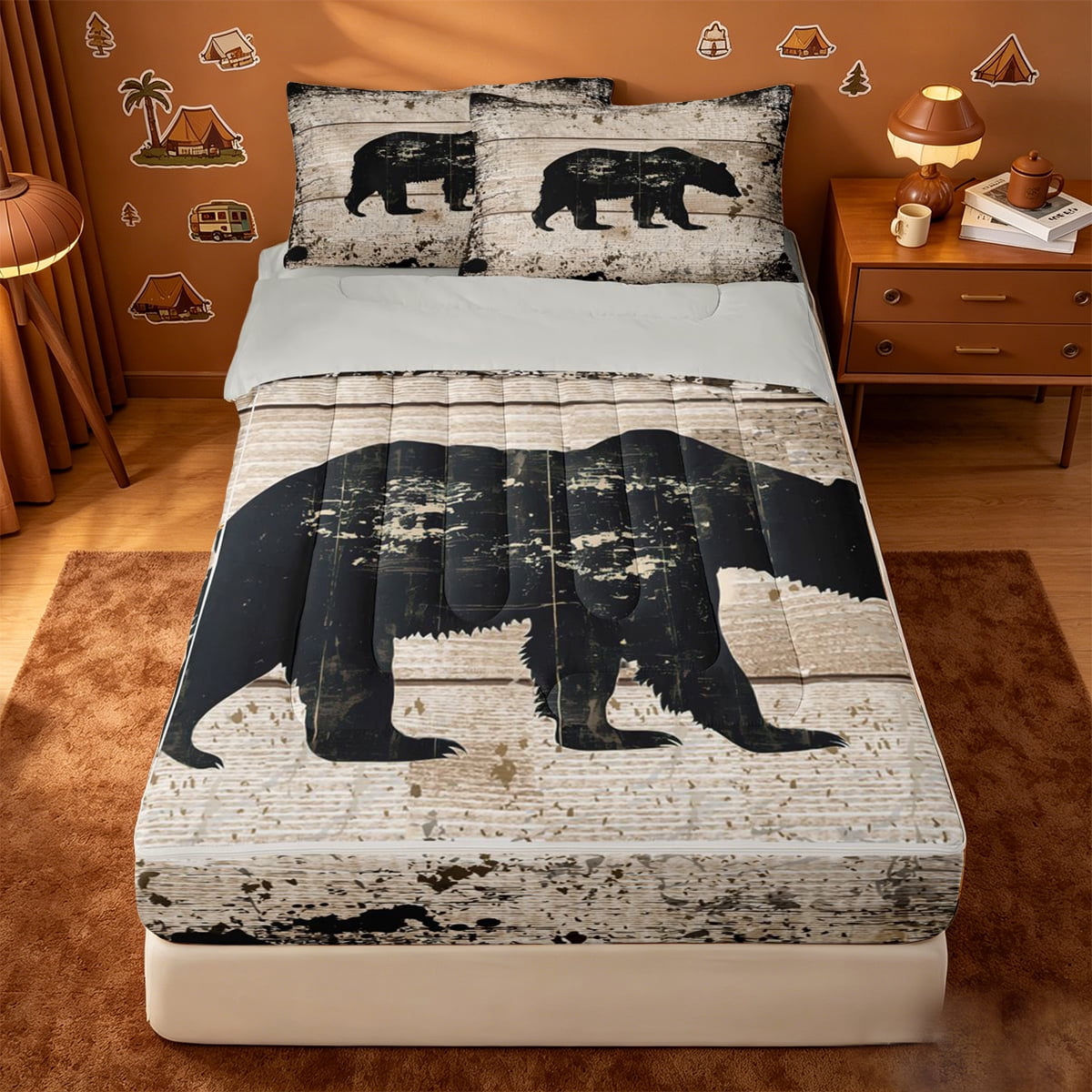 Homewish Weathered Wood Bear Print Zipper Queen Comforter Set with Fitted Sheet and 2 Pillowcases Cabin Animal Art Zipper Bedding Set For Boys Light Gray Reversible 4pcs