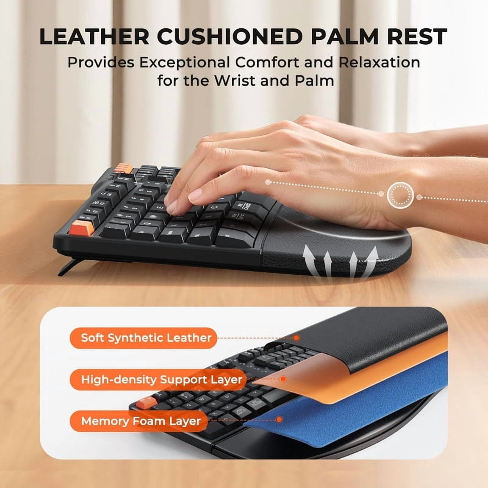 MEETION Ergonomic Keyboard and Mouse, 2.4G Wireless/Bluetooth Split Keyboard with Cushioned Palm Rest, 4 DPI Adjustable Mouse, Full Size Multi-Device Keyboard for Windows/Mac/PC/Laptop, Black