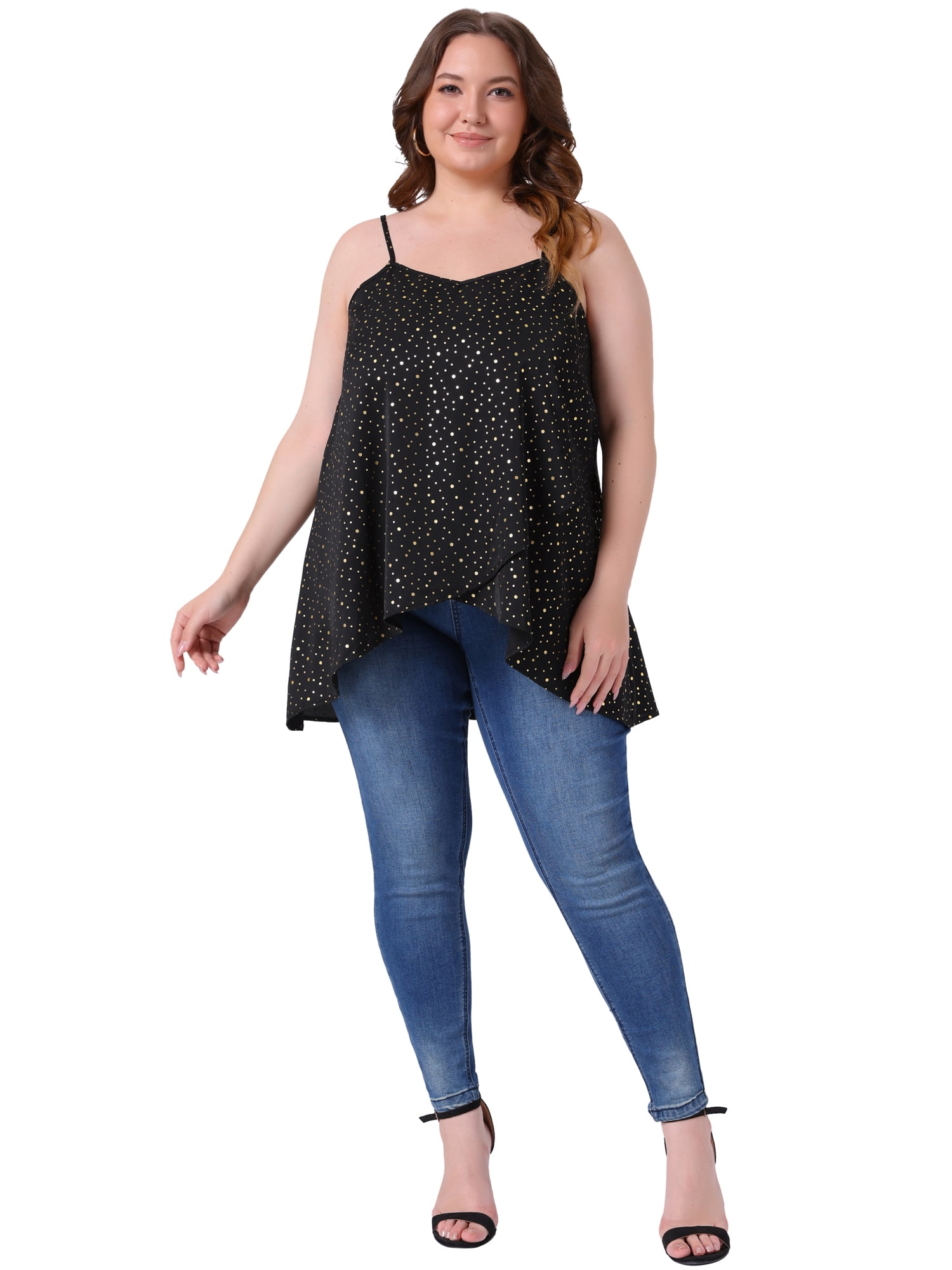 DARING DIVA Women's Plus Casual Summer Cami Polka Dots Sleeveless Tank Tops 1X Black