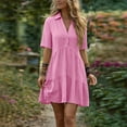 thumbnail image 2 of Ecqkame Summer Linen Dresses for Women Short Sleeve Turndown Collar Button Front Dresses Casual Loose Boho Mini Shirt Dress Pink S, 2 of 9