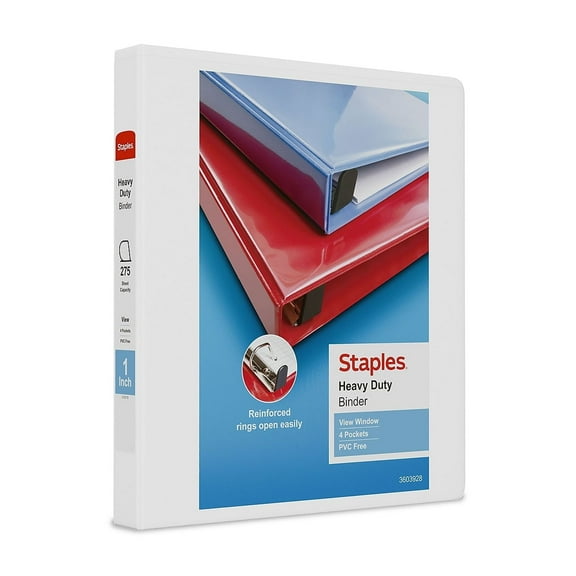 Staples Heavy Duty 1" 3-Ring View Binder with D-Rings and Four Interior Pockets White 3/Pack